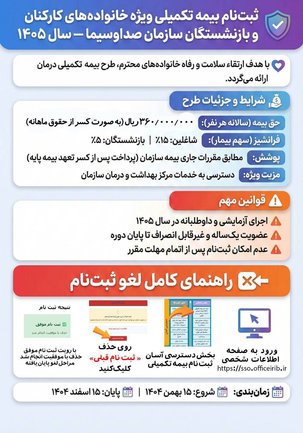 نحوه ثبت‌نام و لغو ثبت نام طرح جدید بیمه تکمیلی ویژه بستگان درجه یک همکاران شاغل و بازنشسته صندوق صداوسیما